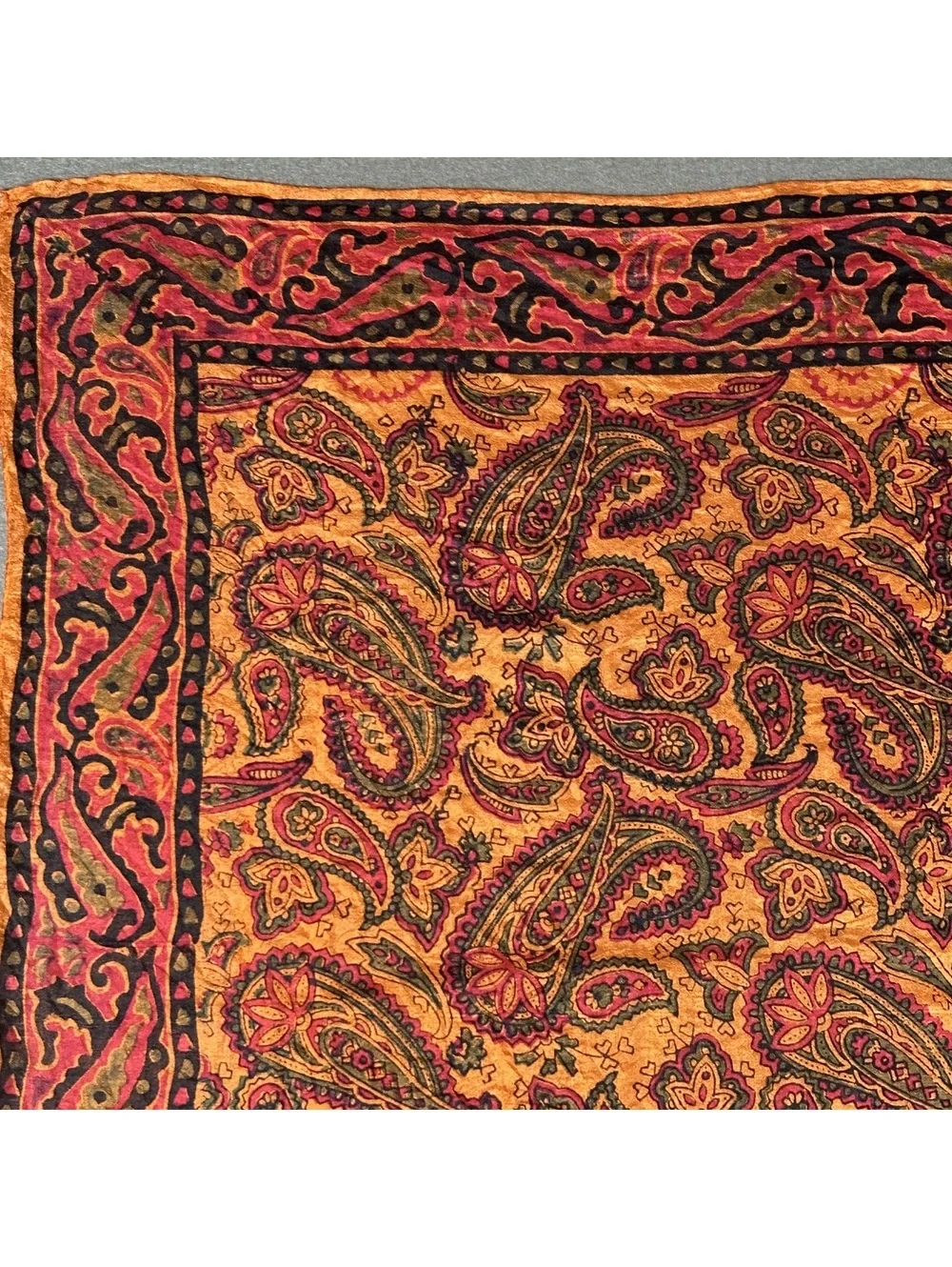 Vintage Paisley Patterned Silk Square Scarf with Orange and Red Tones